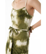 Cayo Green Burst Adjustable Strap SideSlit Midi Dress with Waist Tie Strap Sage