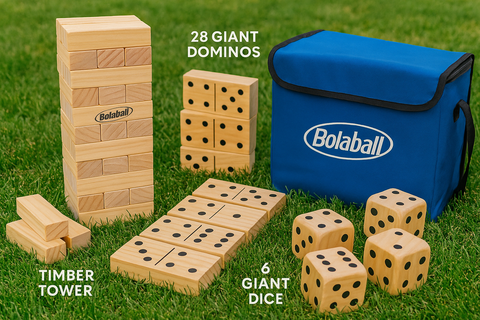Triple Thrills Extravaganza: Giant Dice, Dominoes, and Tumbling Blocks Galore