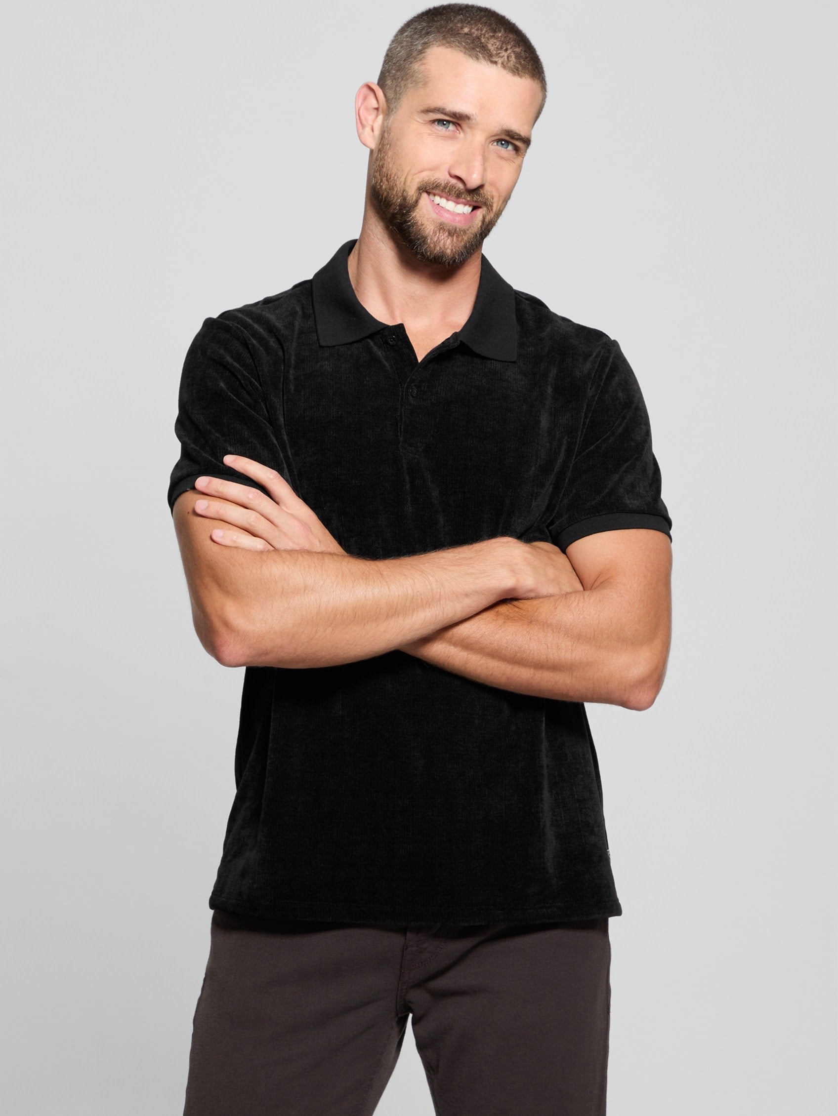  Guess Parker Velour Stripe Short Sleeve Polo - Jet Black - Bonton