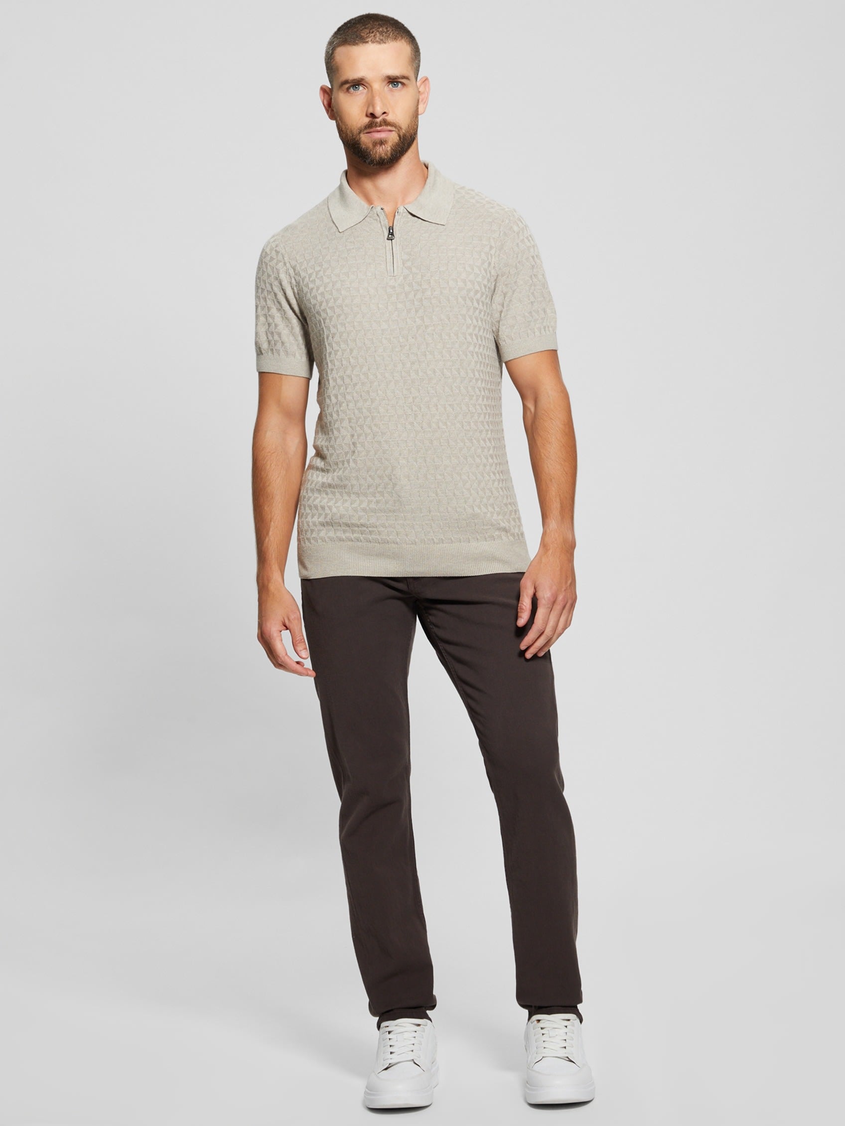  Guess Kyle Checkered Zip Short Sleeve Polo - Chestnut Heather - Bonton