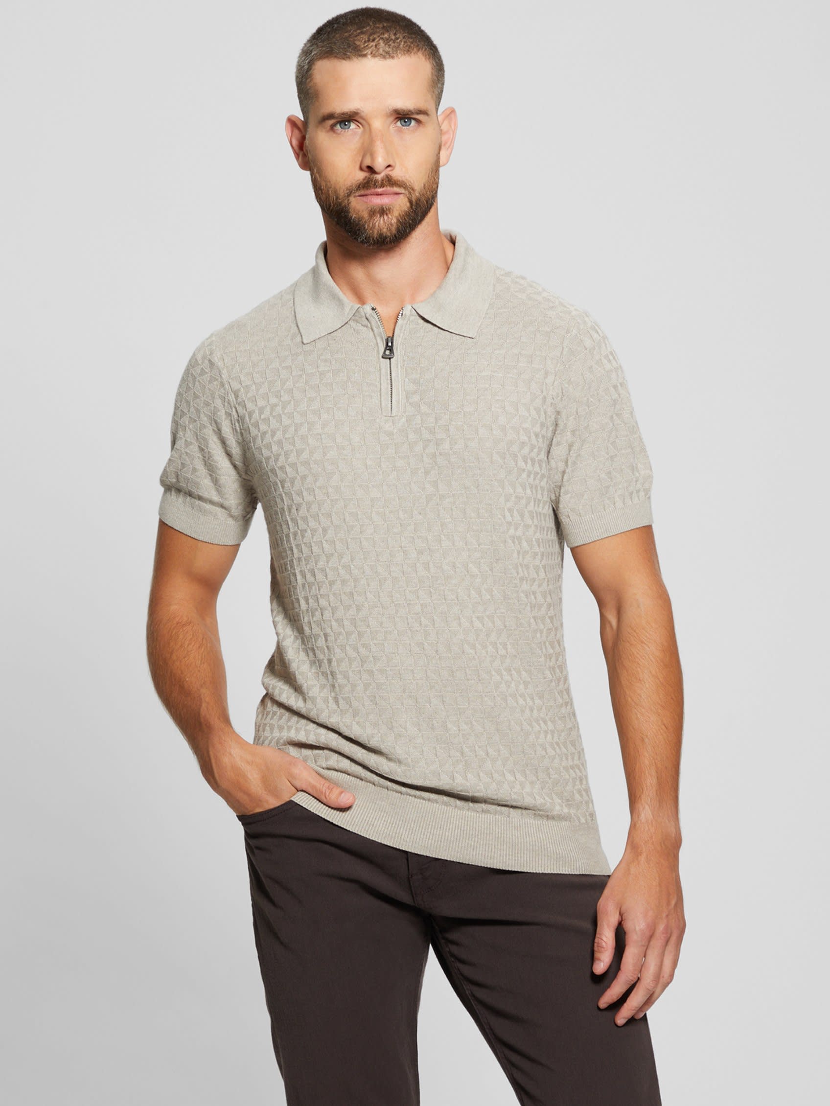  Guess Kyle Checkered Zip Short Sleeve Polo - Chestnut Heather - Bonton