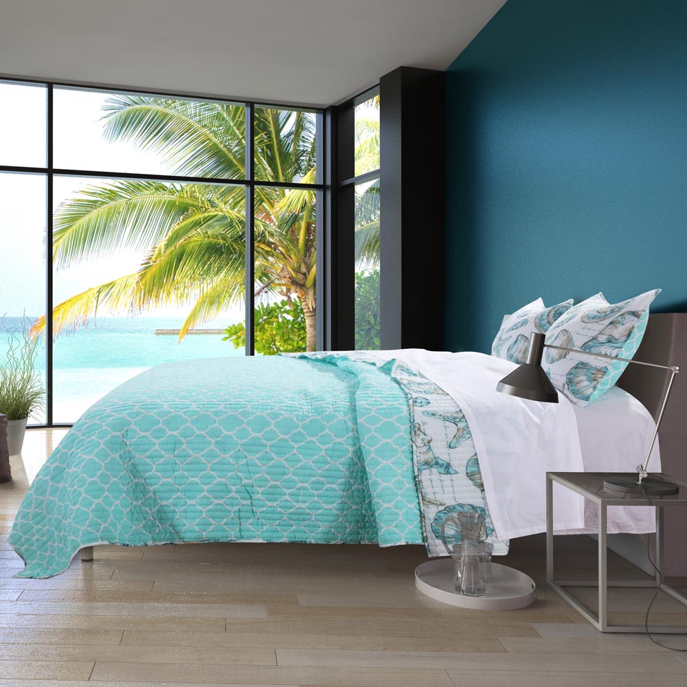  Greenland Home Fashions Cruz Coastal Quilt Set with Seashell Design - White - Bonton