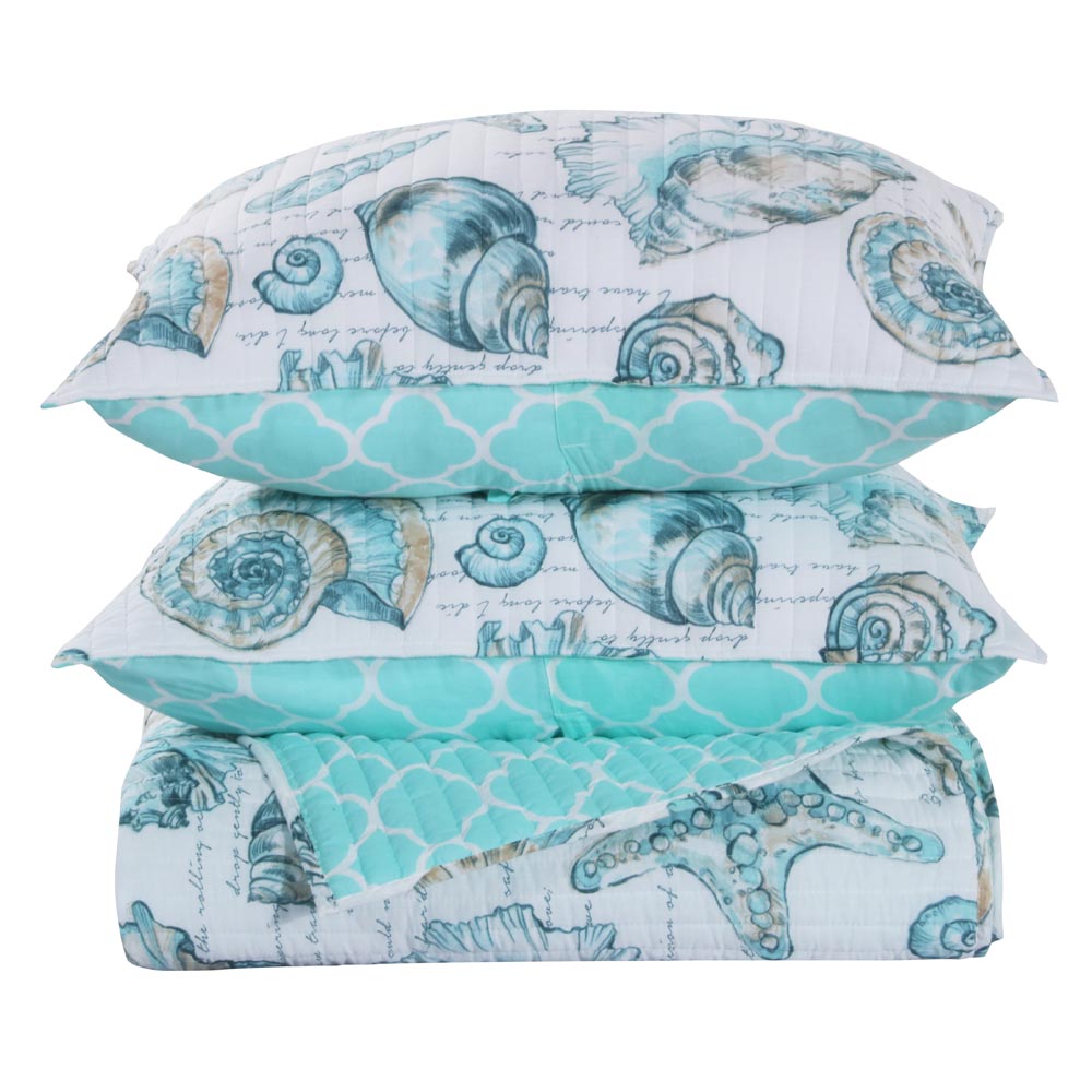  Greenland Home Fashions Cruz Coastal Quilt Set with Seashell Design - White - Bonton