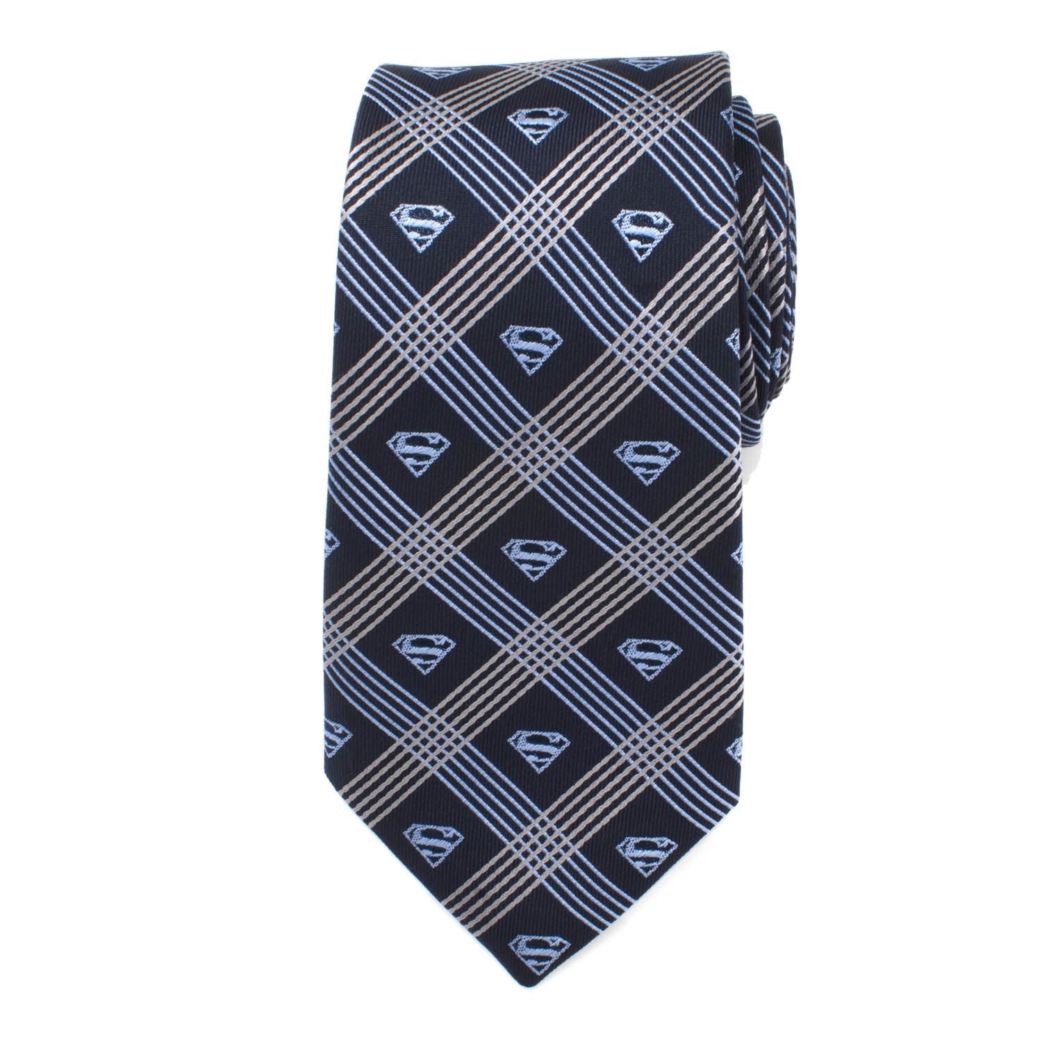  Cufflinks Superman Shield Navy Plaid Mens Tie - Default Title - Bonton