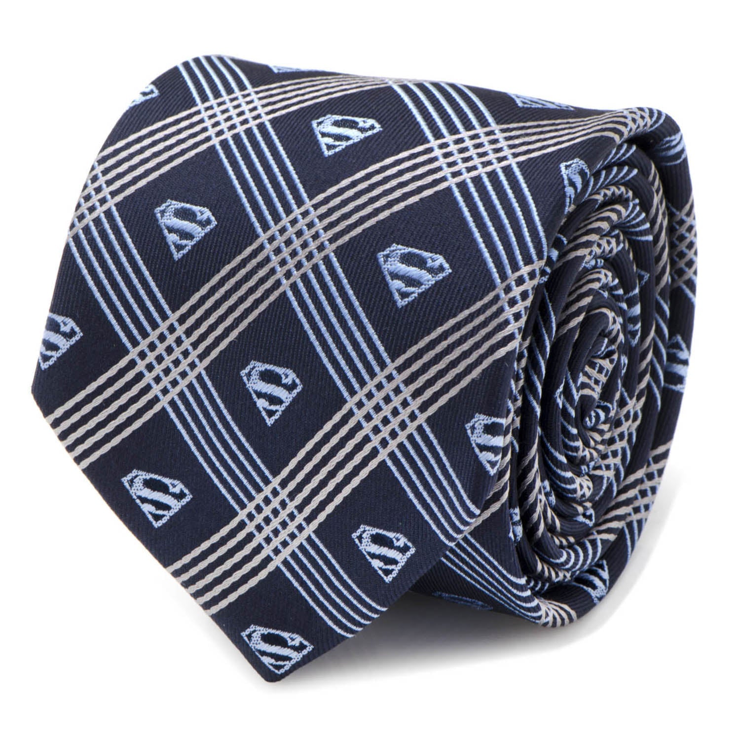  Cufflinks Superman Shield Navy Plaid Mens Tie - Default Title - Bonton