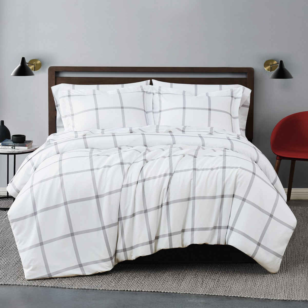  Truly Soft Printed Windowpane Duvet Set - White and Grey - Bonton