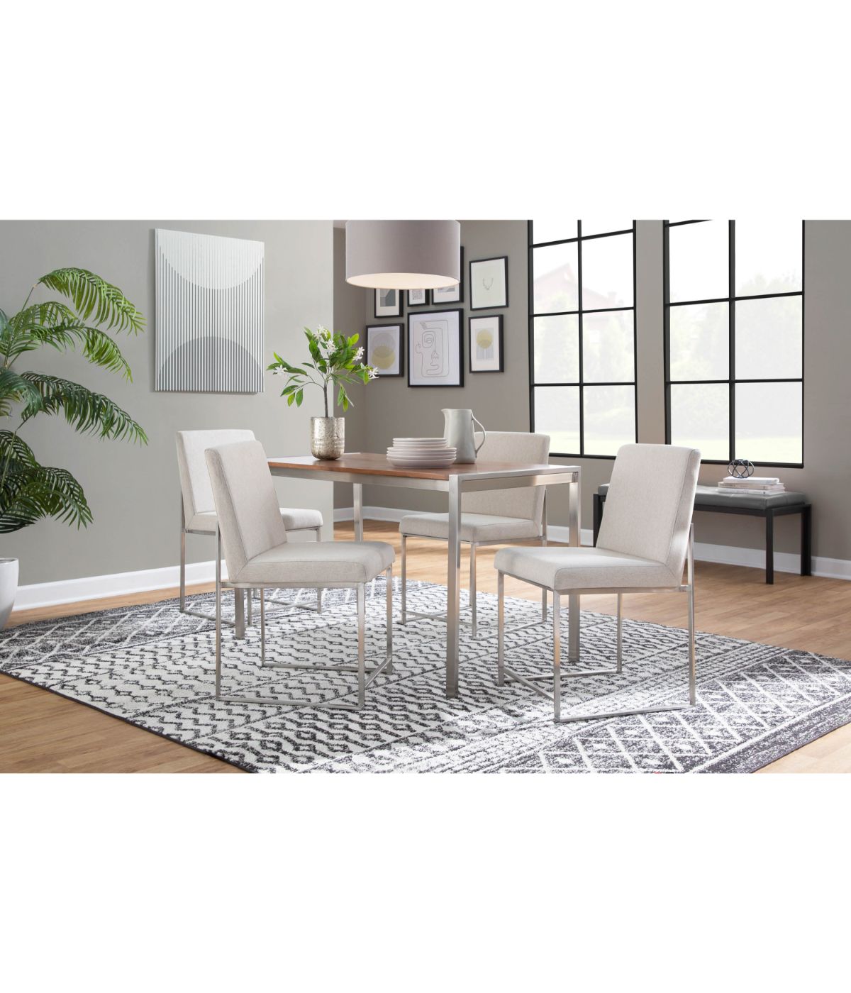 High Back Fuji Brushed Silver Dining Chair - Set of 2 Brushed Silver & Beige