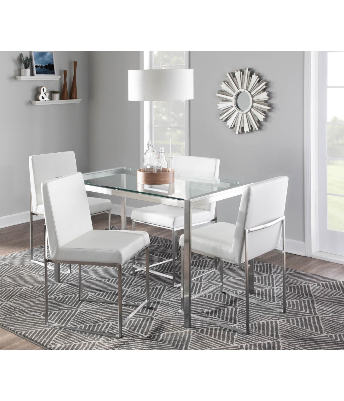 High Back Fuji Brushed Silver Dining Chair - Set of 2 Brushed Silver & White