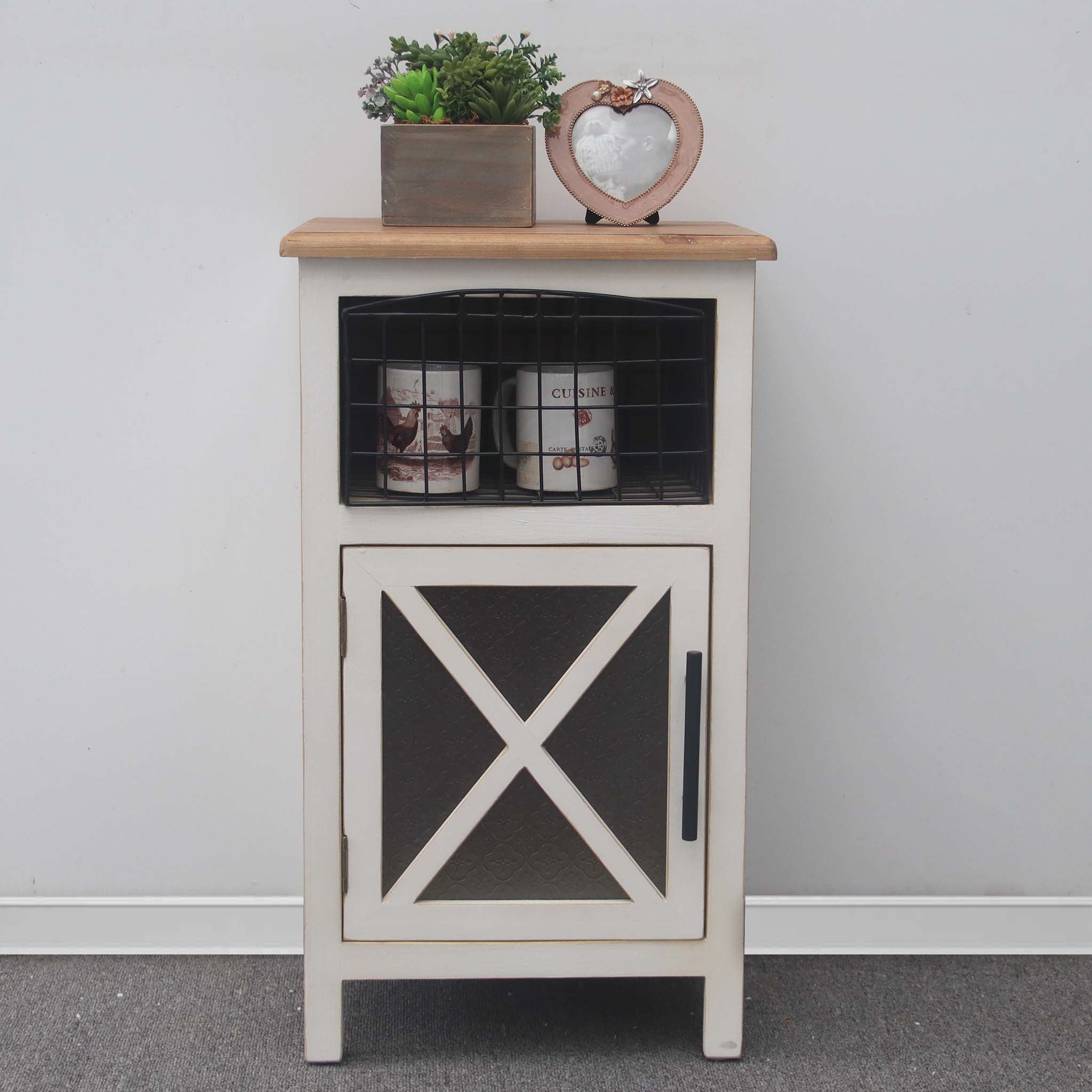  Paris Loft Wooden Side Table with X-Designed Glass Door - White - Bonton