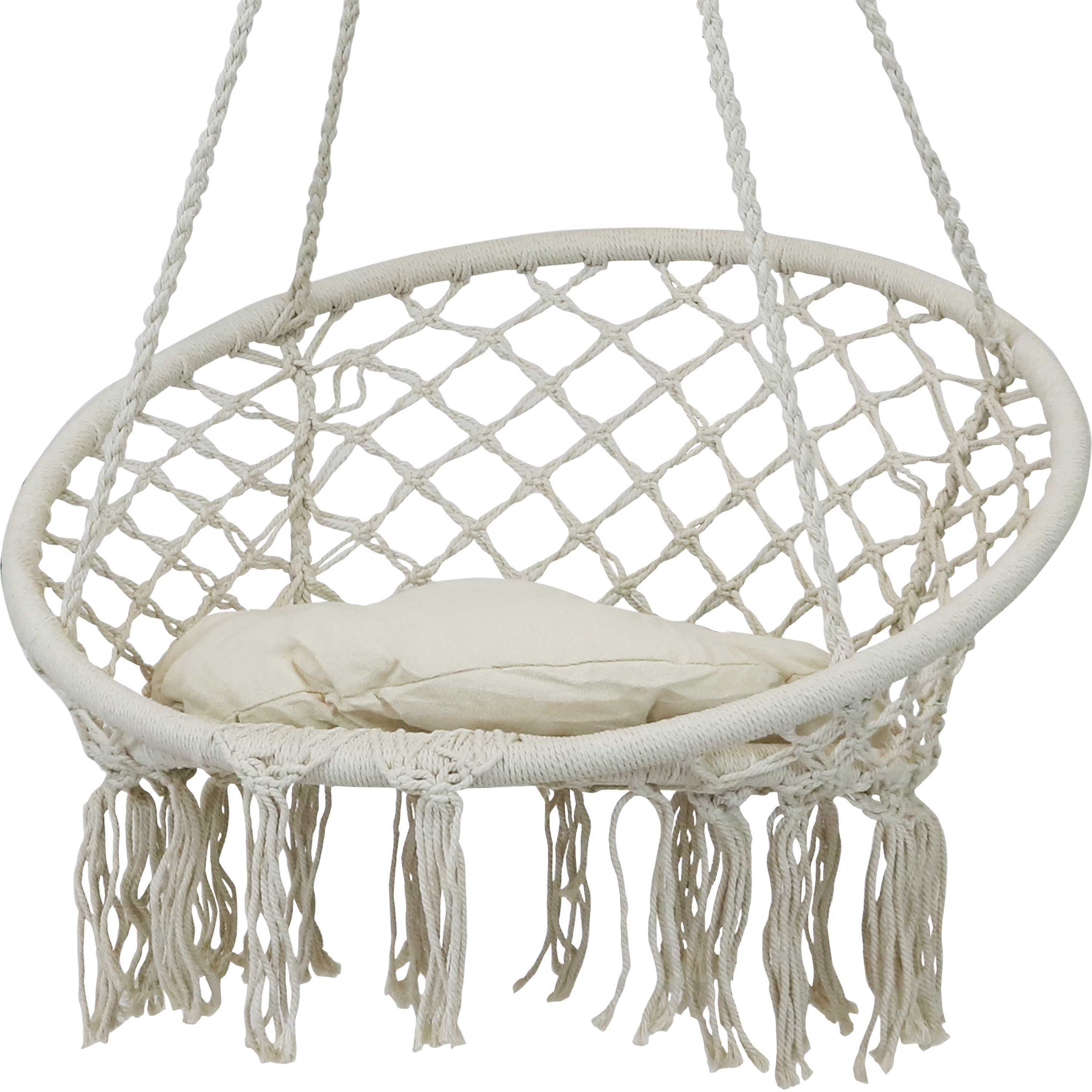  Sunnydaze Decor Cotton Rope Hammock Chair Bohemian Macrame Hanging Netted Swing with Seat Cushion, Tassels and Mounting Hardware - White - Off-white - Bonton