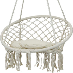 Cotton Rope Hammock Chair Bohemian Macrame Hanging Netted Swing with Seat Cushion, Tassels and Mounting Hardware - White