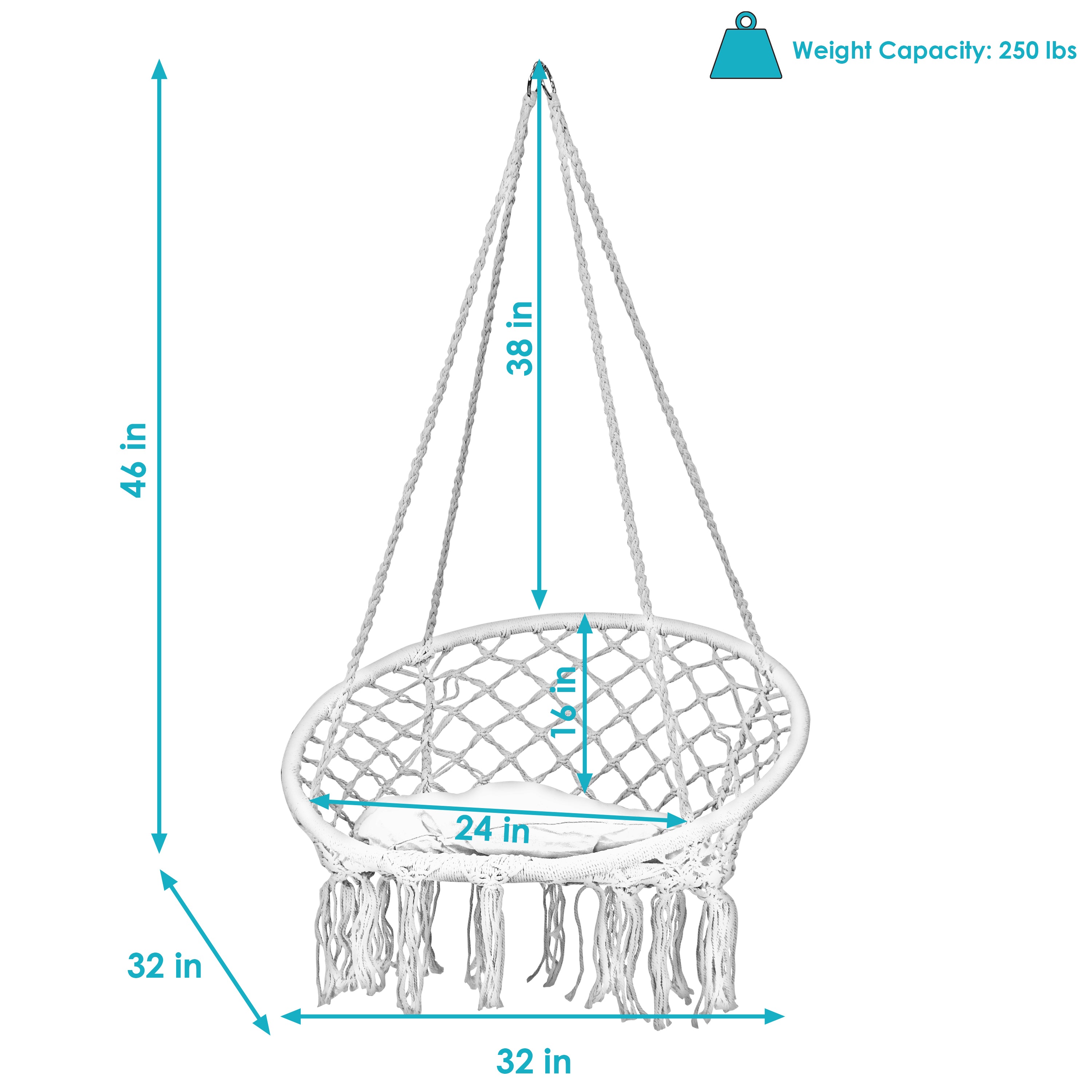  Sunnydaze Decor Cotton Rope Hammock Chair Bohemian Macrame Hanging Netted Swing with Seat Cushion, Tassels and Mounting Hardware - White - Off-white - Bonton