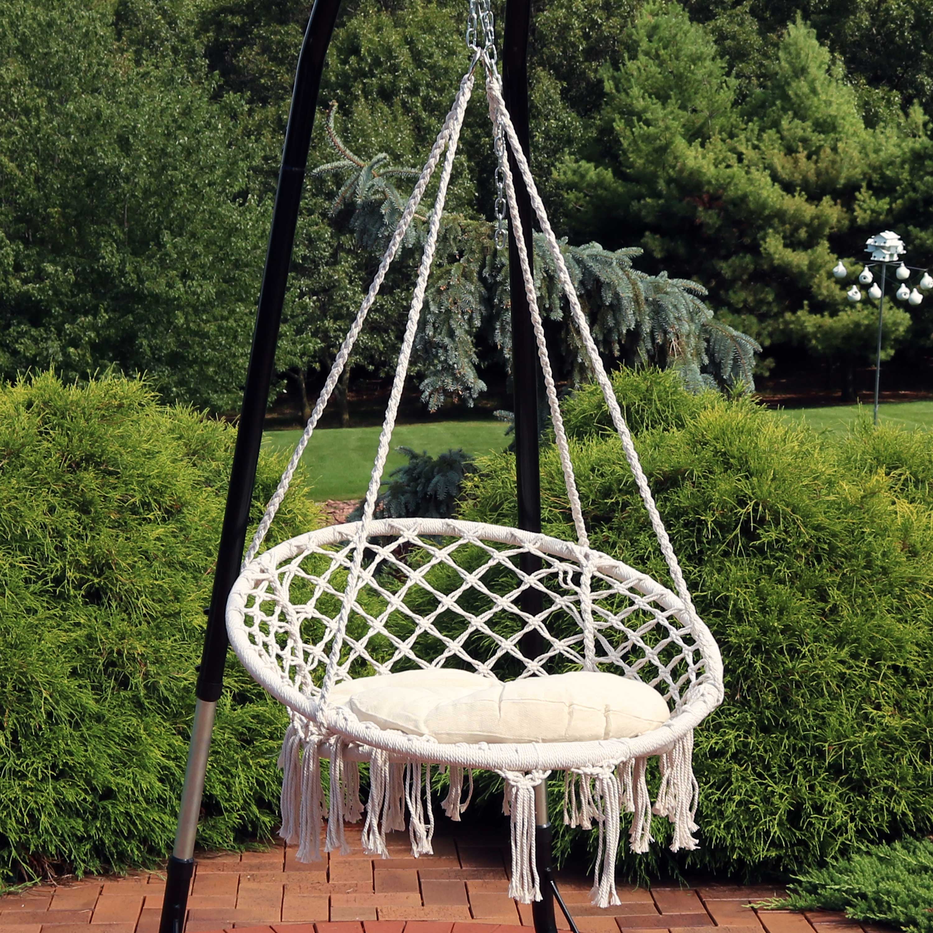  Sunnydaze Decor Cotton Rope Hammock Chair Bohemian Macrame Hanging Netted Swing with Seat Cushion, Tassels and Mounting Hardware - White - Off-white - Bonton