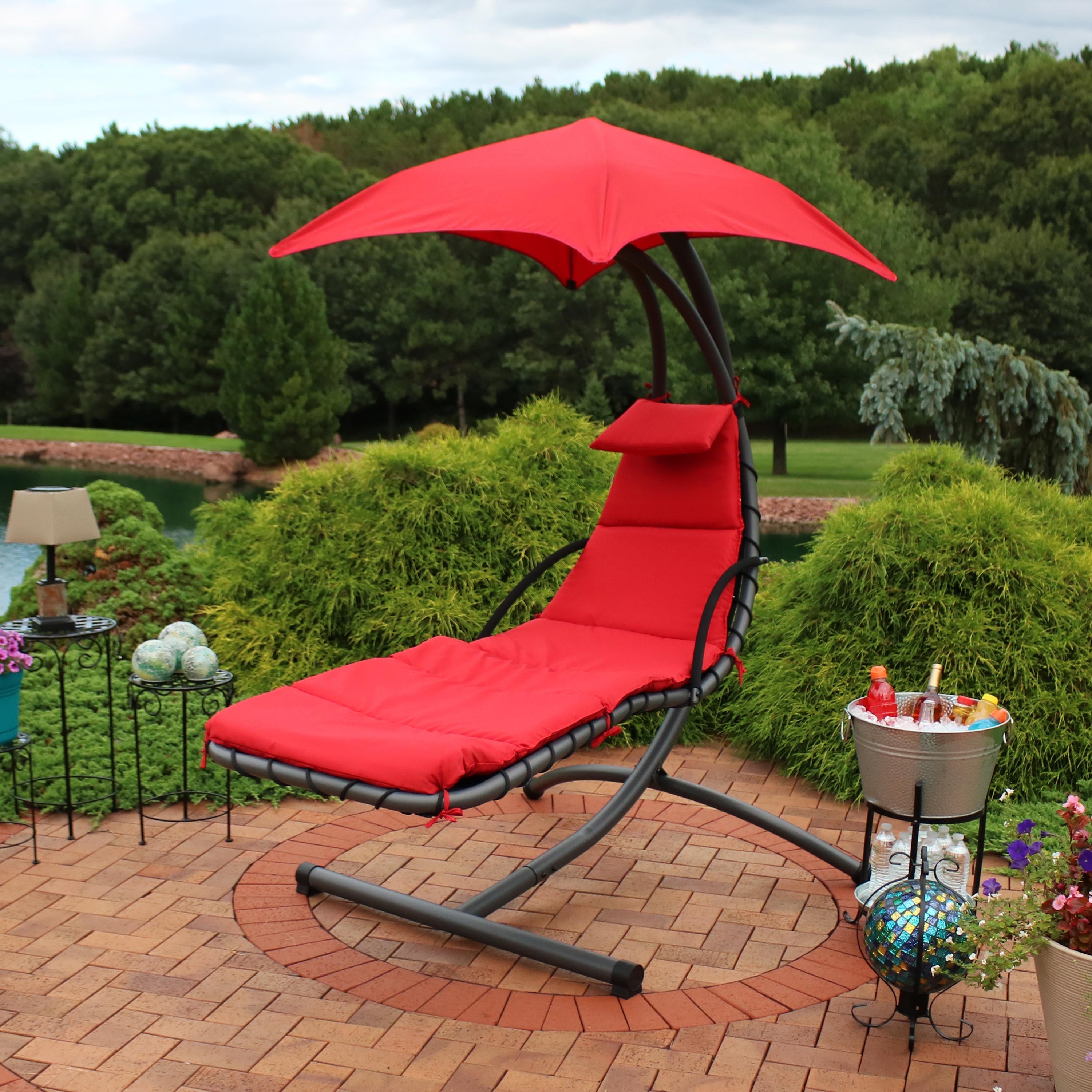  Sunnydaze Decor Hanging Chaise Floating Lounge Chair with Canopy Umbrella and Arc Stand - Red - Bonton