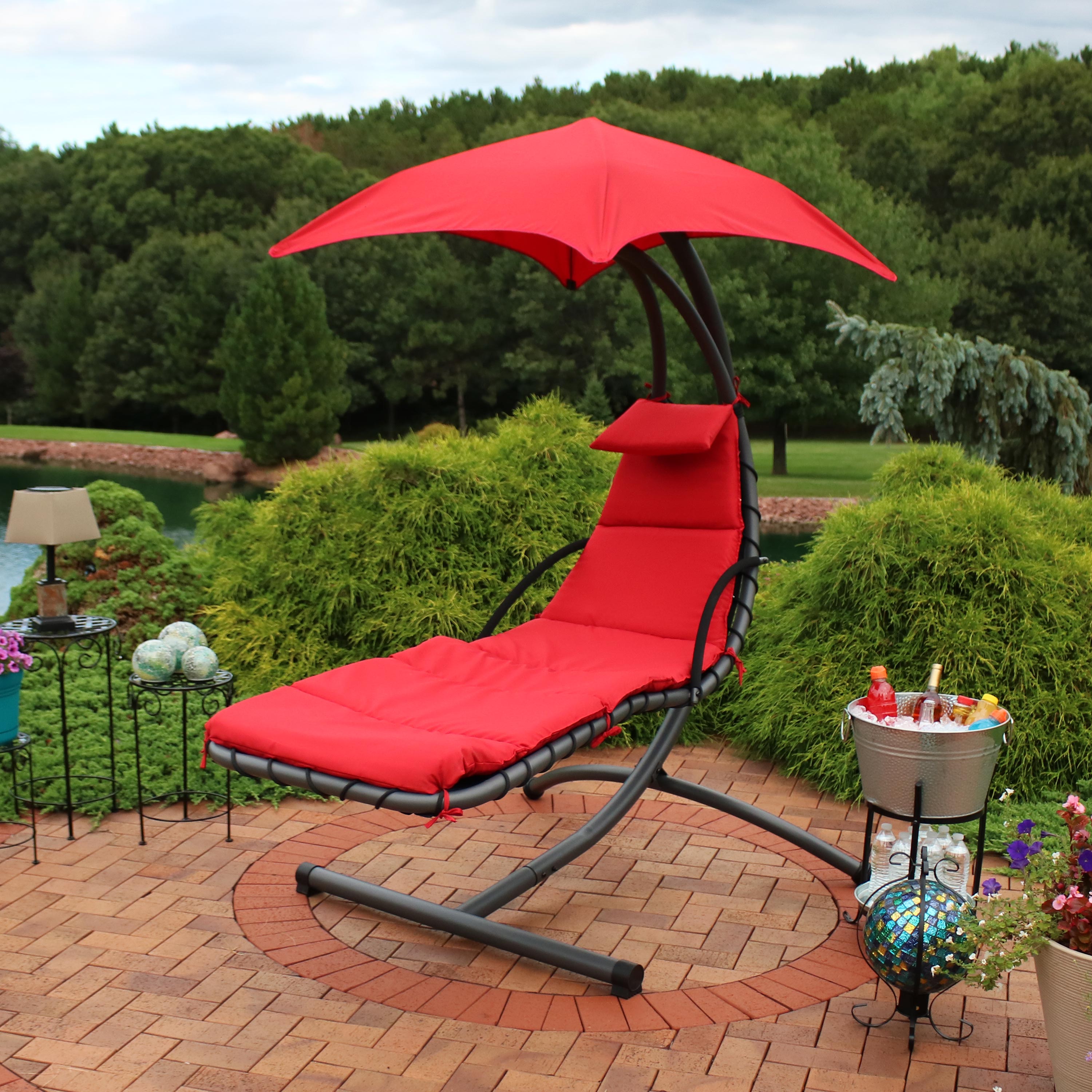  Sunnydaze Decor Hanging Chaise Floating Lounge Chair with Canopy Umbrella and Arc Stand 2 - Teal - Bonton