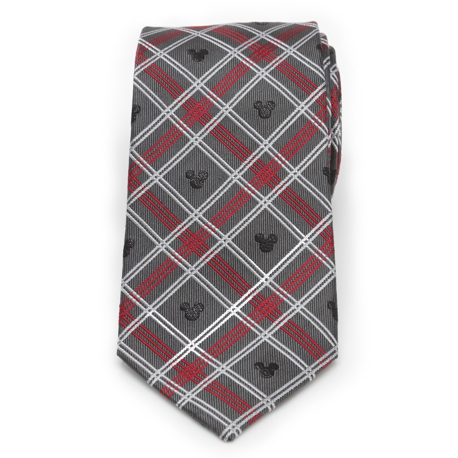  Cufflinks Mickey Mouse Holiday Plaid Gray Silk Men's Tie - Default Title - Bonton