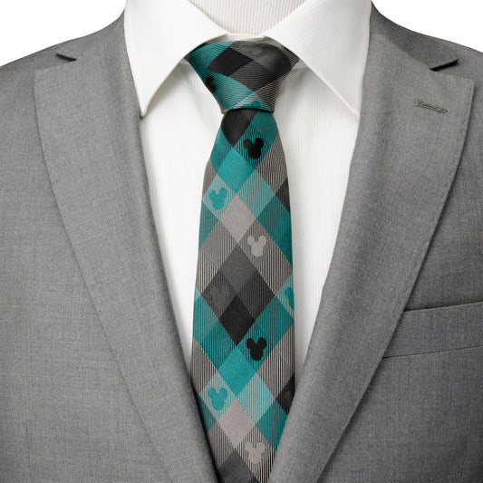 Mickey Silhouette Teal Plaid Men's Tie