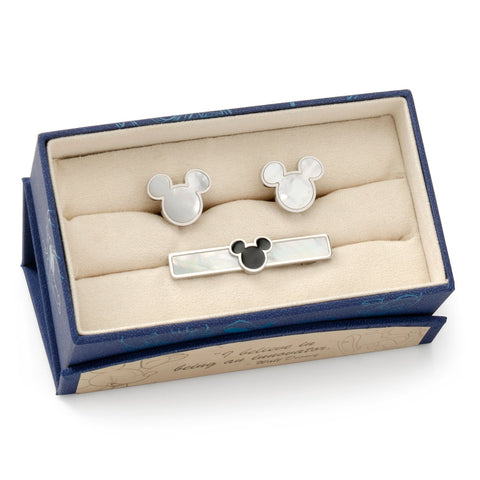Mickey Mouse Mother of Pearl Cufflinks and Tie Clip Gift Set
