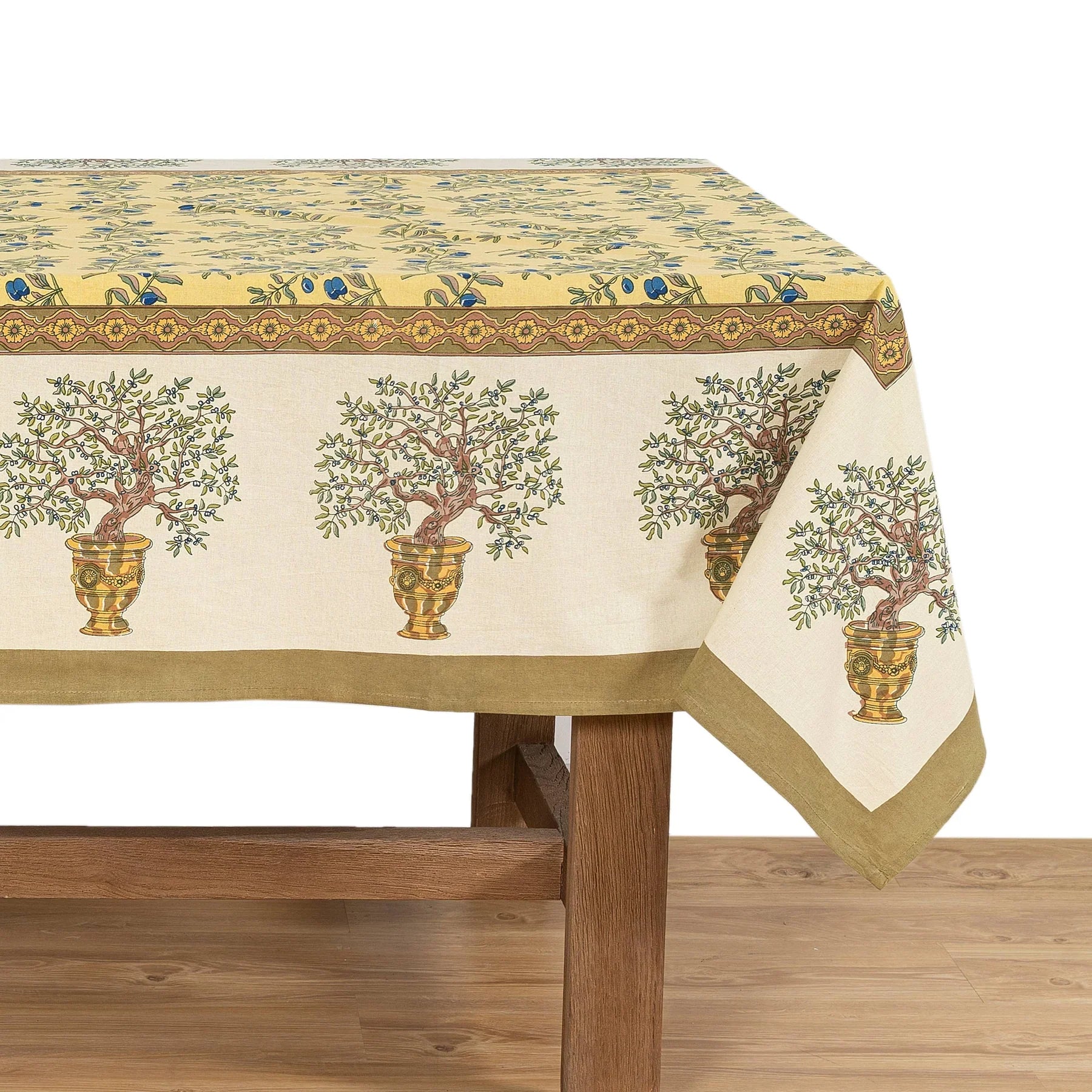  Couleur Nature Olive Tree Khaki/Blue Tablecloth - Khaki/Blue - Bonton