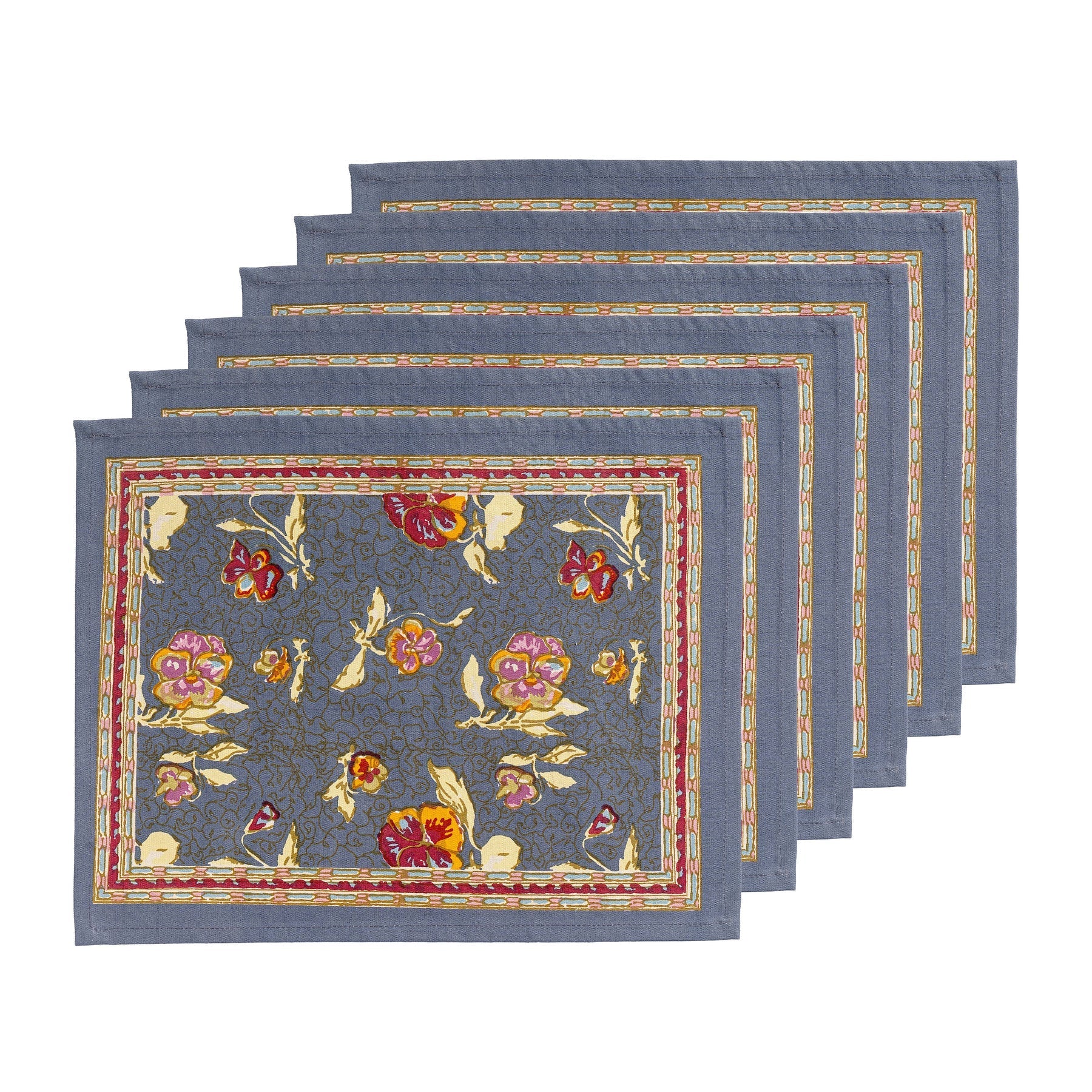  Couleur Nature Pansy Red/Grey Placemats Set of 6 - Red/Grey - Bonton