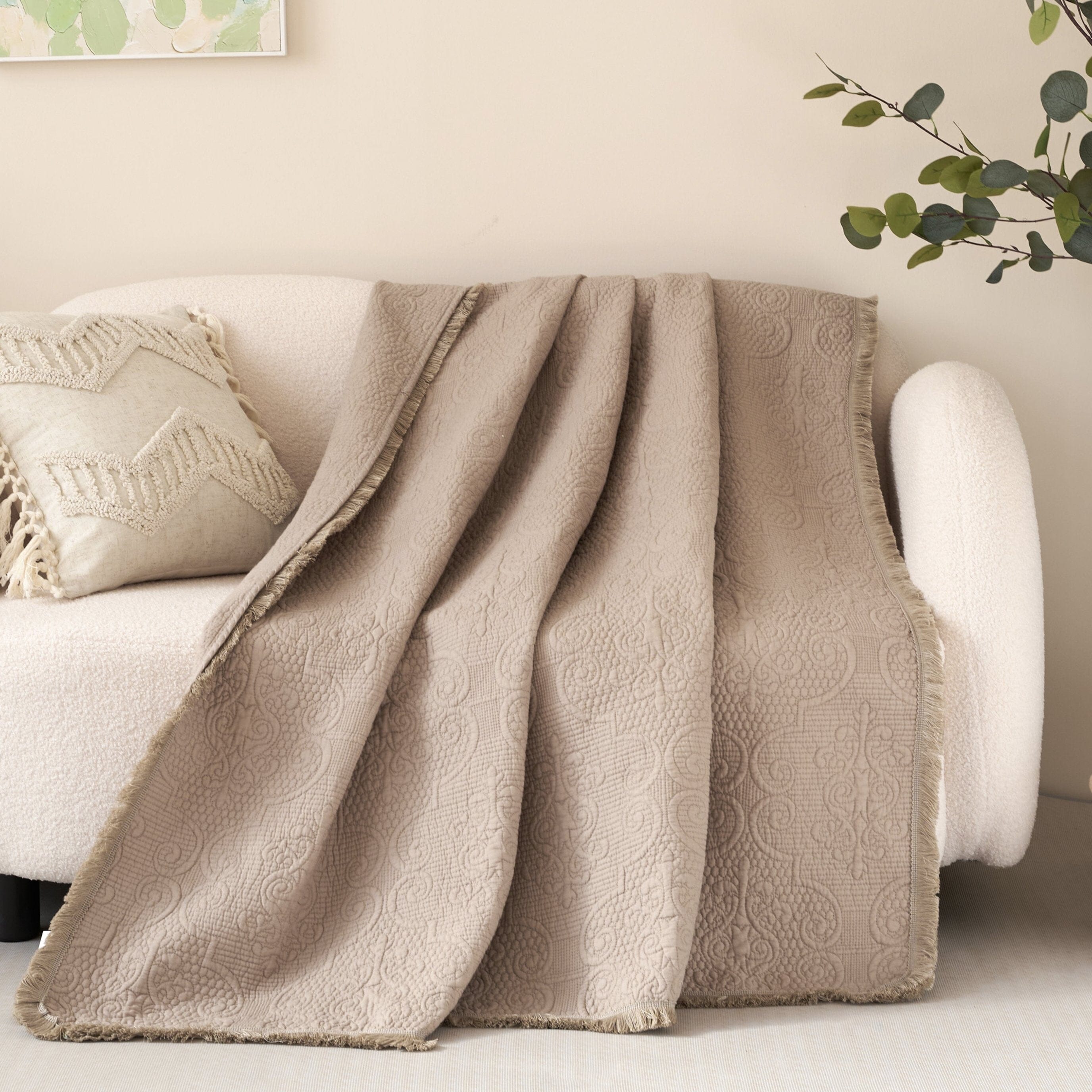  DaDa Bedding Collection DaDa Bedding Elegant Fringed Cotton Quilted Throw Blanket - Luxurious Solid Soft Paisley Pattern, Cozy Lightweight Lap Throw, Perfect for Couch or Bed, Neutral Sandy Taupe Tan Beige, 50x60 Inches by DaDa Bedding Collection - Default Title - Bonton