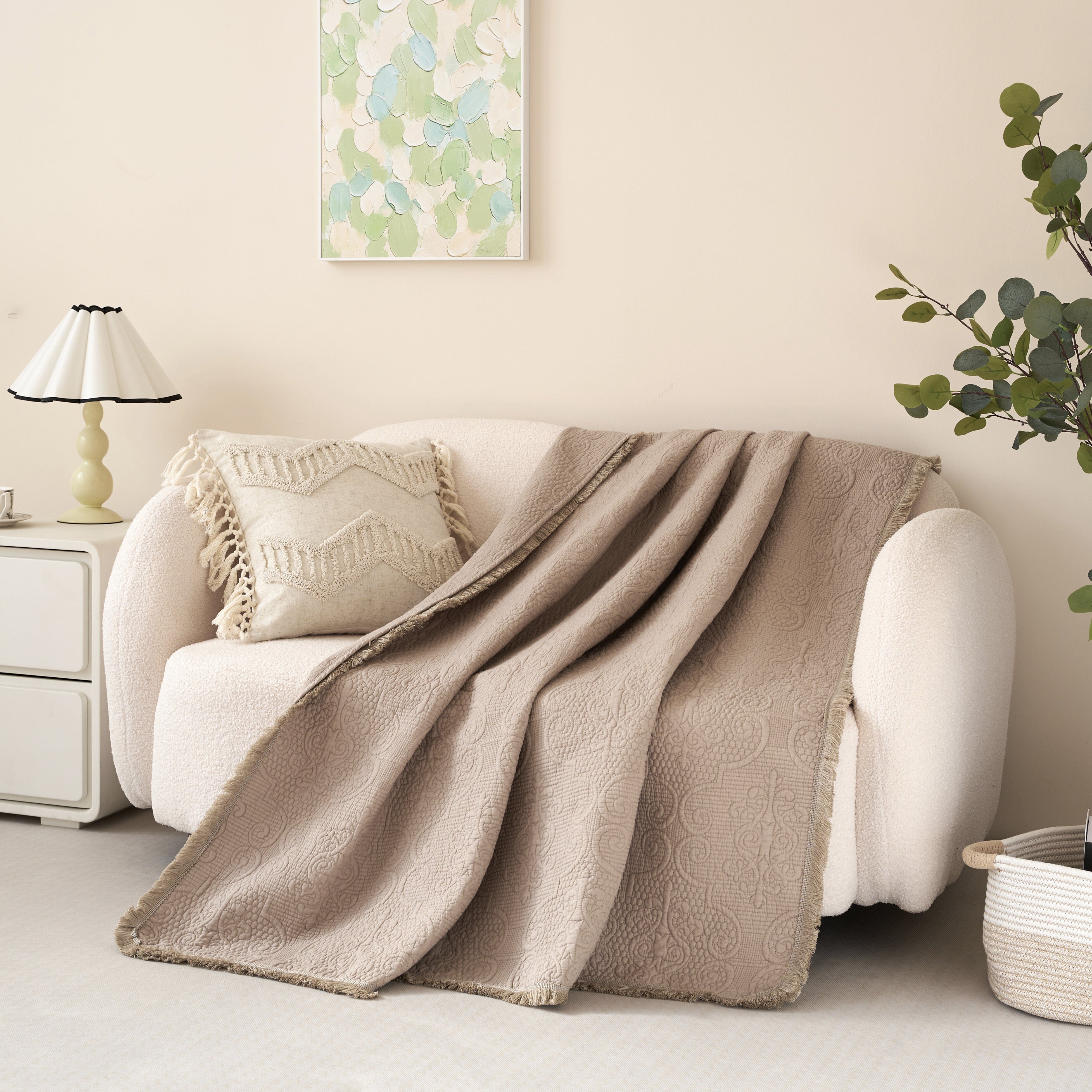  DaDa Bedding Collection DaDa Bedding Elegant Fringed Cotton Quilted Throw Blanket - Luxurious Solid Soft Paisley Pattern, Cozy Lightweight Lap Throw, Perfect for Couch or Bed, Neutral Sandy Taupe Tan Beige, 50x60 Inches by DaDa Bedding Collection - Default Title - Bonton
