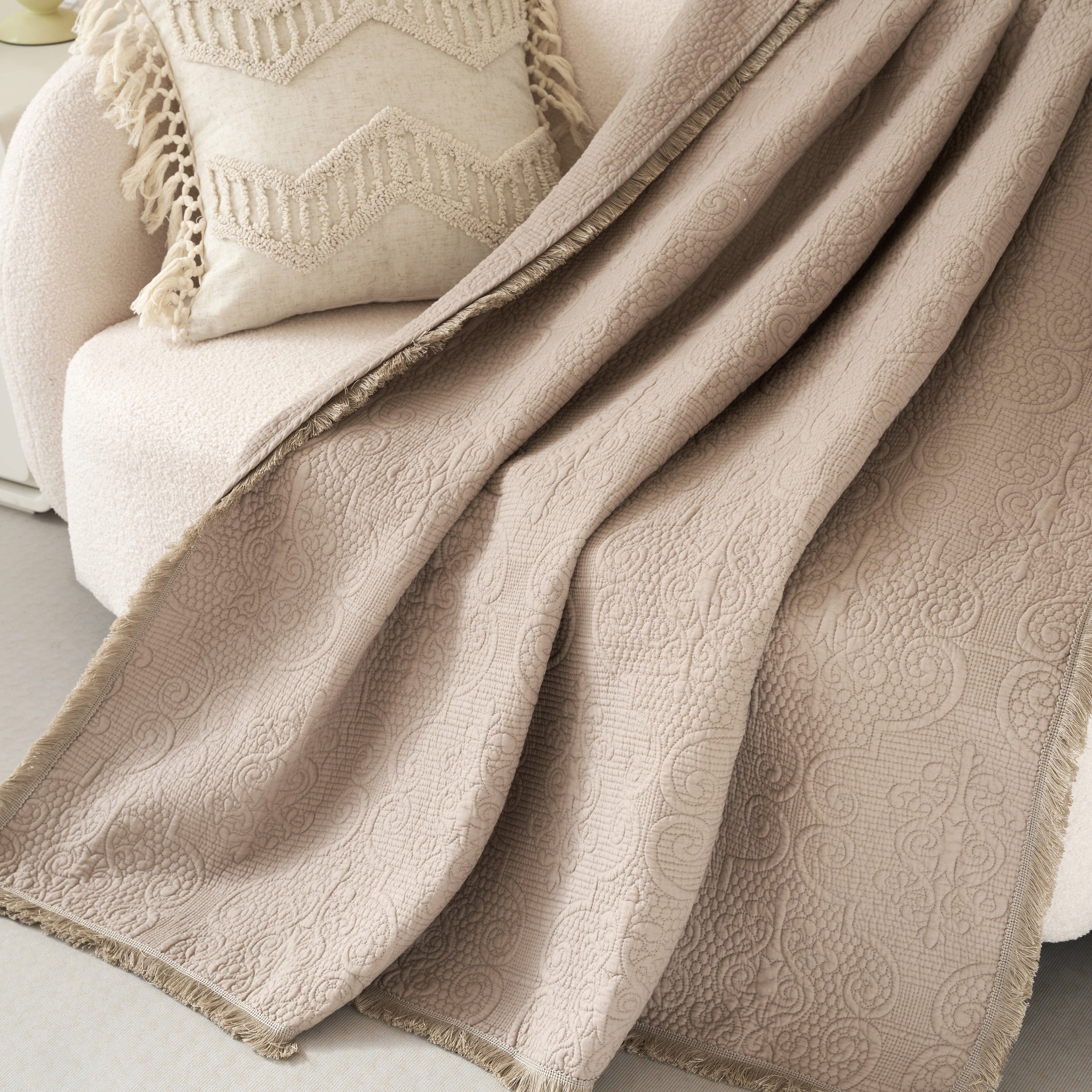  DaDa Bedding Collection DaDa Bedding Elegant Fringed Cotton Quilted Throw Blanket - Luxurious Solid Soft Paisley Pattern, Cozy Lightweight Lap Throw, Perfect for Couch or Bed, Neutral Sandy Taupe Tan Beige, 50x60 Inches by DaDa Bedding Collection - Default Title - Bonton