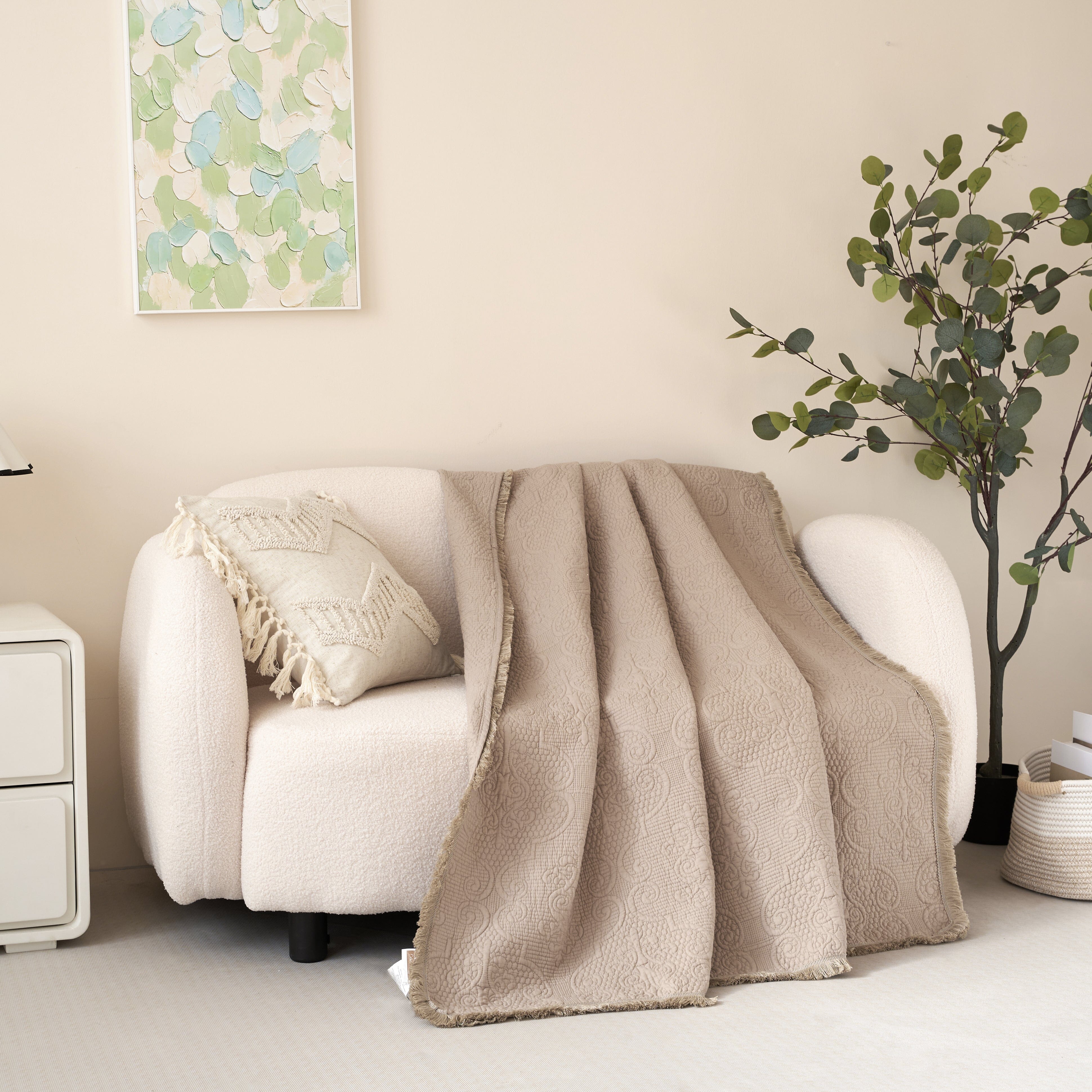  DaDa Bedding Collection DaDa Bedding Elegant Fringed Cotton Quilted Throw Blanket - Luxurious Solid Soft Paisley Pattern, Cozy Lightweight Lap Throw, Perfect for Couch or Bed, Neutral Sandy Taupe Tan Beige, 50x60 Inches by DaDa Bedding Collection - Default Title - Bonton