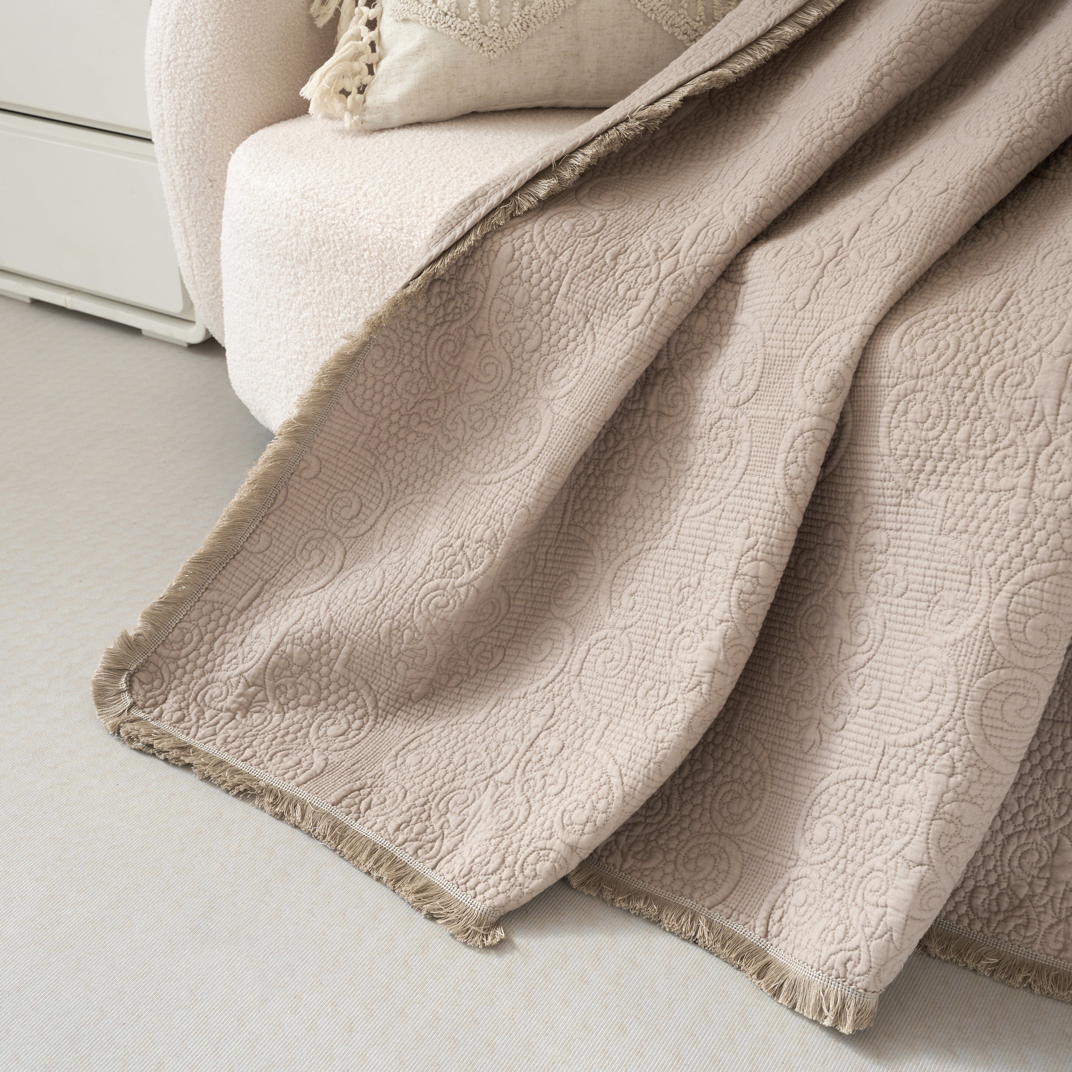  DaDa Bedding Collection DaDa Bedding Elegant Fringed Cotton Quilted Throw Blanket - Luxurious Solid Soft Paisley Pattern, Cozy Lightweight Lap Throw, Perfect for Couch or Bed, Neutral Sandy Taupe Tan Beige, 50x60 Inches by DaDa Bedding Collection - Default Title - Bonton