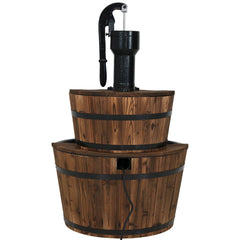 34"H Electric Fir Wood 2-Tier Farmhouse Barrel with Metal Decorative Hand Pump Water Fountain