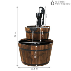 34"H Electric Fir Wood 2-Tier Farmhouse Barrel with Metal Decorative Hand Pump Water Fountain