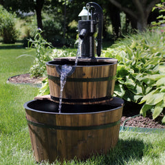 34"H Electric Fir Wood 2-Tier Farmhouse Barrel with Metal Decorative Hand Pump Water Fountain