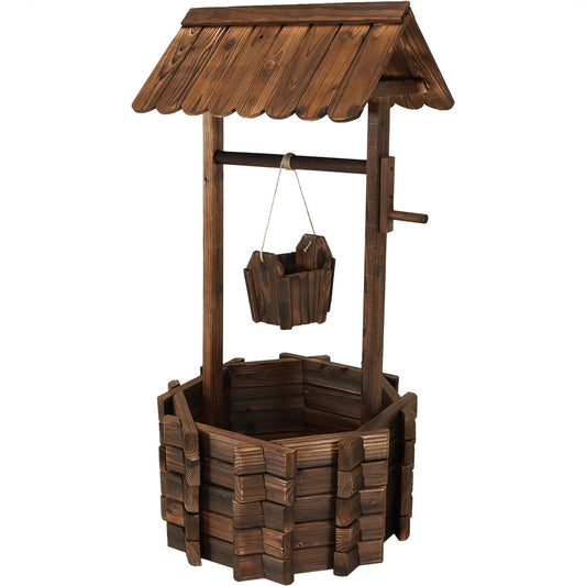 Fir Wood Wishing Well Garden Planter with Hanging Flower Bucket for Garden or Yard - 45" H - Brown