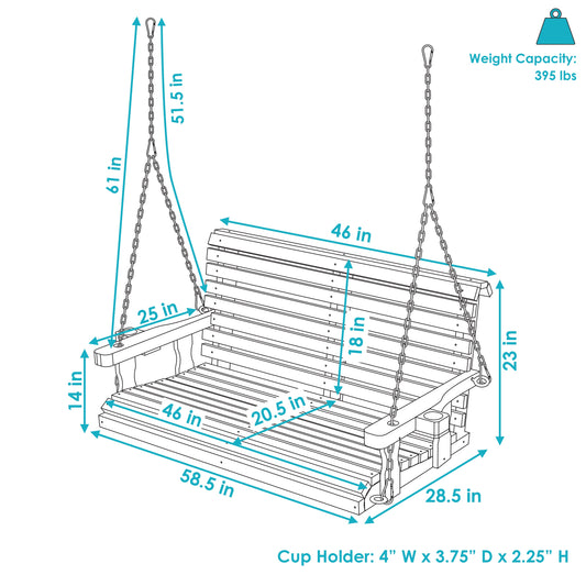 2-Person Traditional Wooden Porch Swing with Hanging Chains - 58.5-Inch - Brown