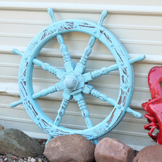 Wooden Nautical Sea Captain's Helm - Fir Wood - 30" - Blue