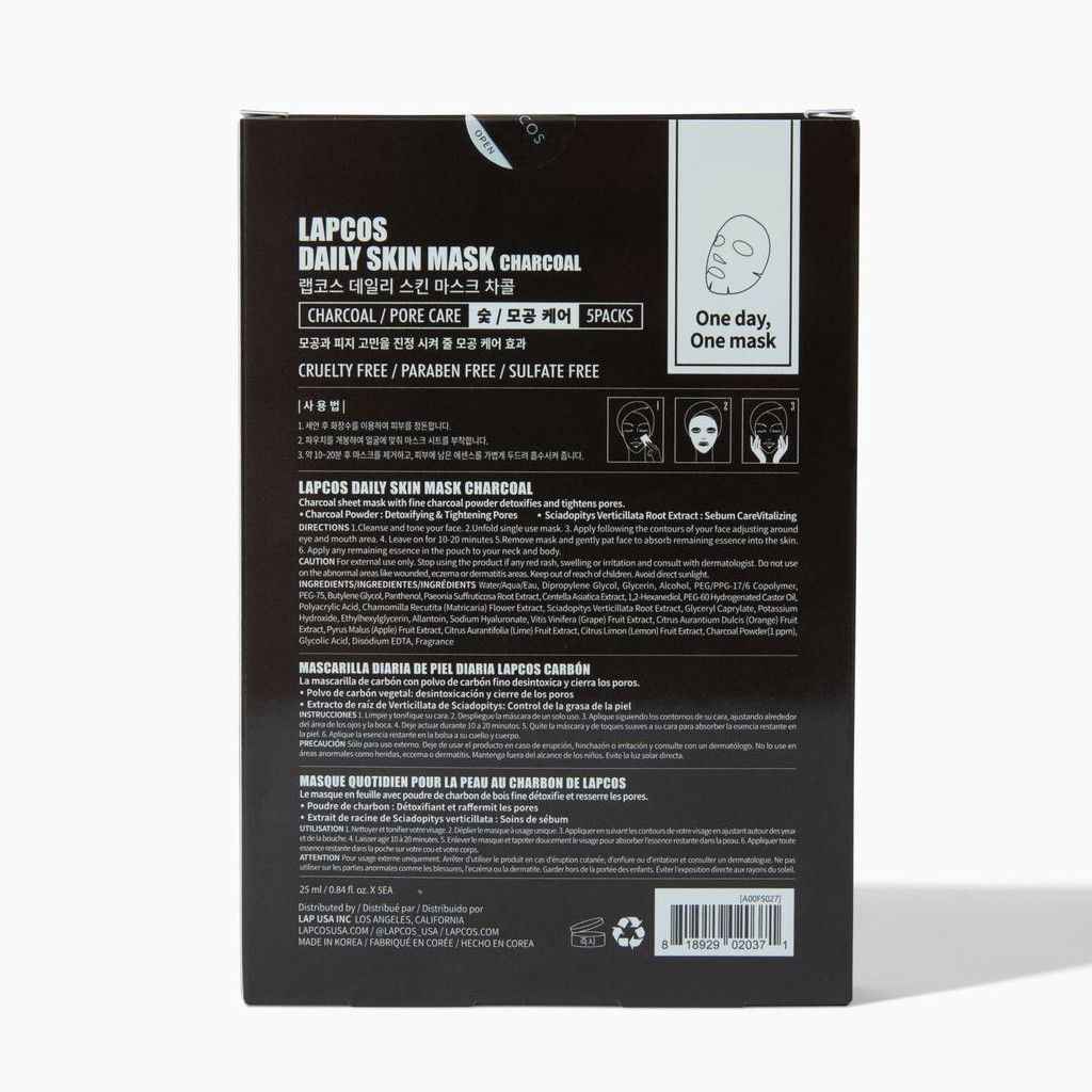  LAPCOS Daily Charcoal Sheet Mask - Skin Detox by LAPCOS - 5 Pack - Bonton