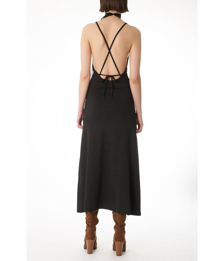 Dalini High Front Slit with Square Neck and Drawstring CrossBack Maxi Dress Black