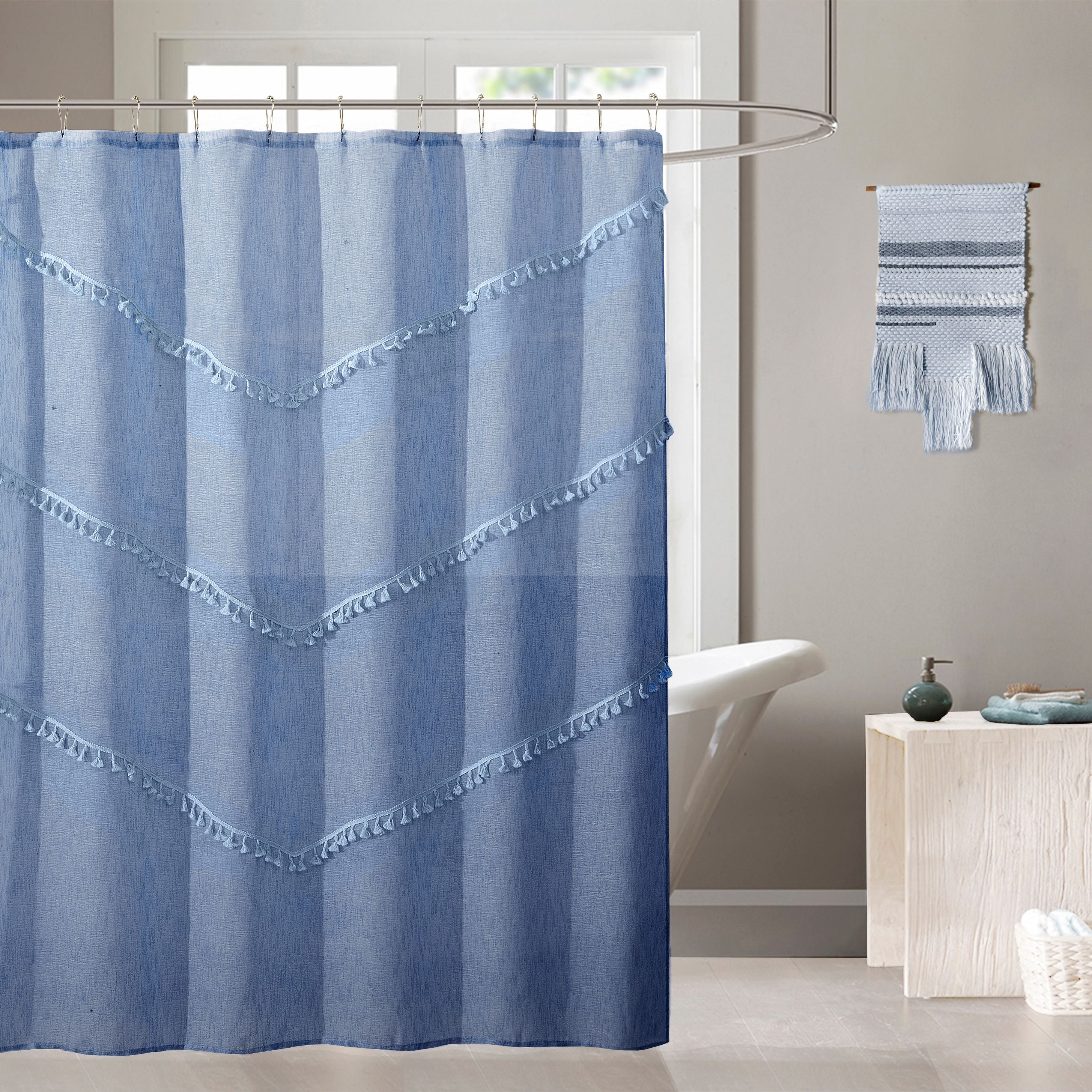  Dainty Home Natural Tassels Shower Curtain - Denim Blue - Bonton