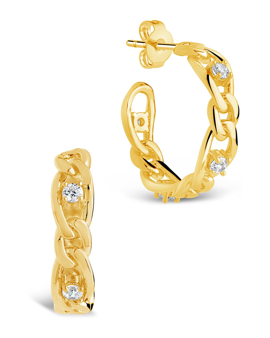  Sterling Forever Figaro Link Hoops with CZ Stones - Gold - Bonton