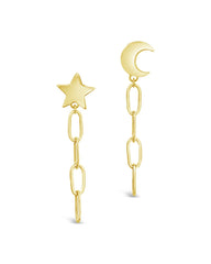 Dangle Chain Link Studs with Moon and Star Motif