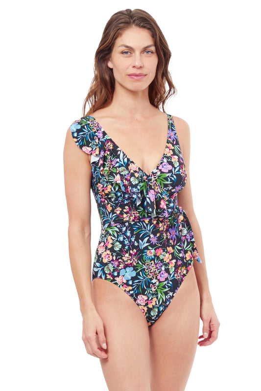 Flora Ruffle Surplice One Piece Swimsuit-Black