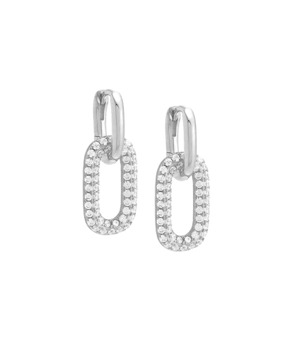 Pave Oval Shaped Drop Huggie Earring Silver