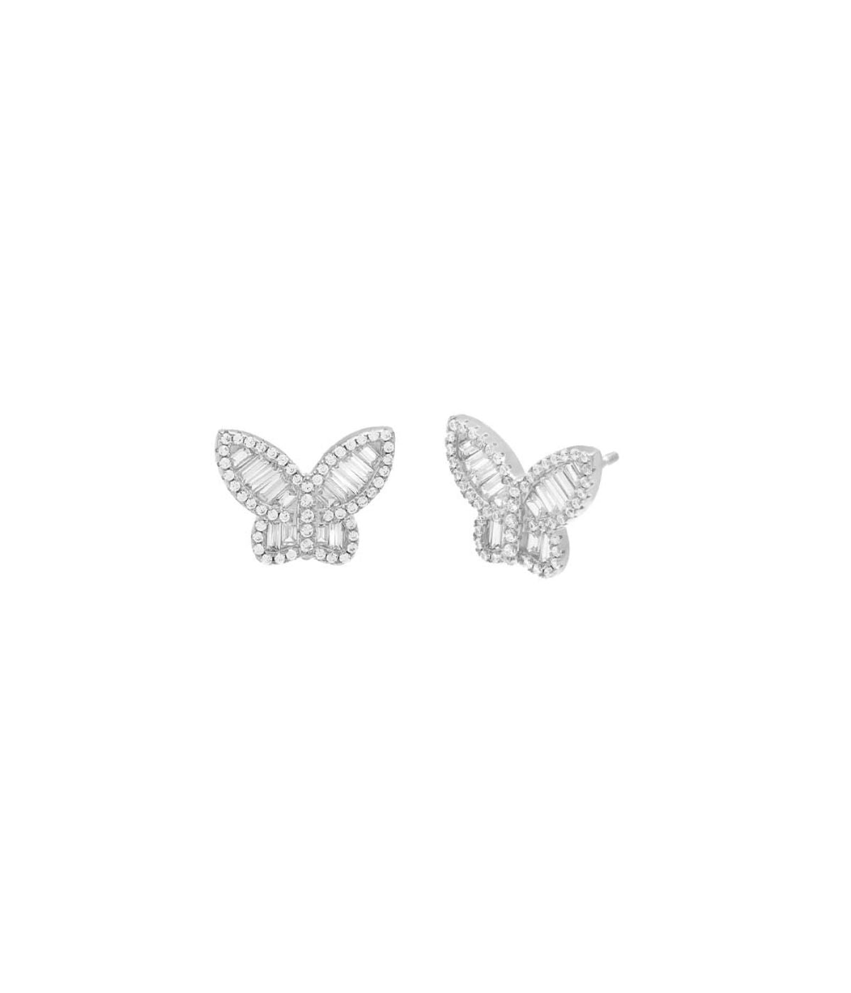 Pave X Baguette Butterfly Stud Earring Silver