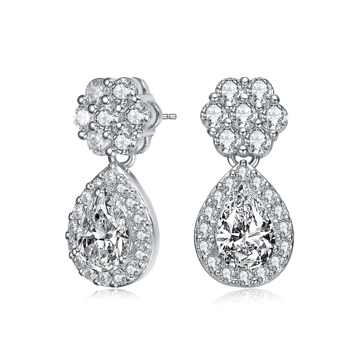  Genevive .925 Sterling Silver Cubic Zirconia Halo Flower Post Drop Earrings - Default Title - Bonton