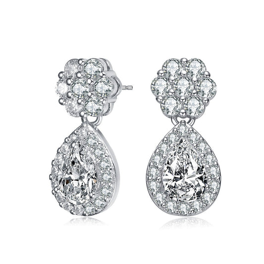 .925 Sterling Silver Cubic Zirconia Halo Flower Post Drop Earrings