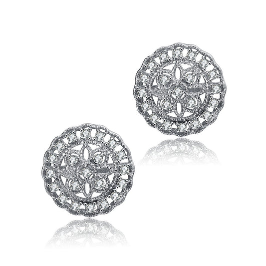 .925 Sterling Silver Cubic Zirconia Floral Stud Earrings