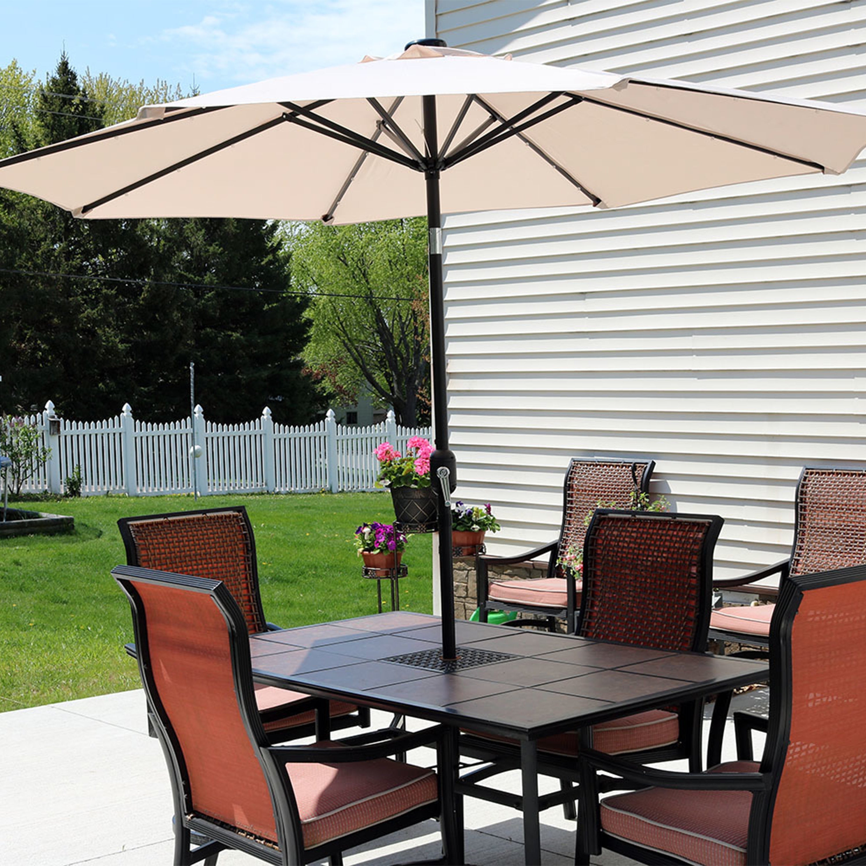  Sunnydaze Decor Solar Patio Umbrella with Canopy, LED Lights and Tilt and Crank - 9' - Navy Blue - Bonton