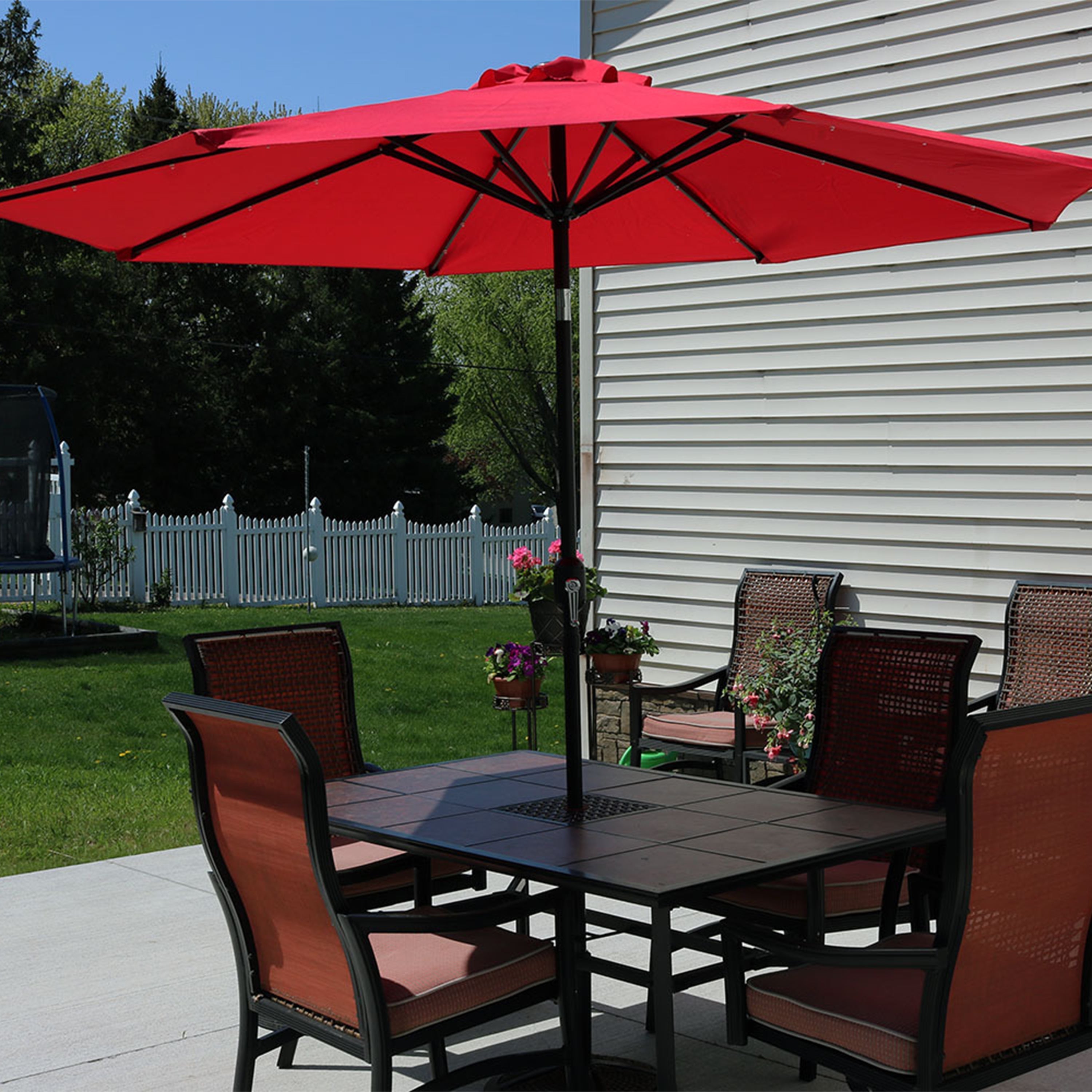  Sunnydaze Decor Solar Patio Umbrella with Canopy, LED Lights and Tilt and Crank - 9' - Navy Blue - Bonton