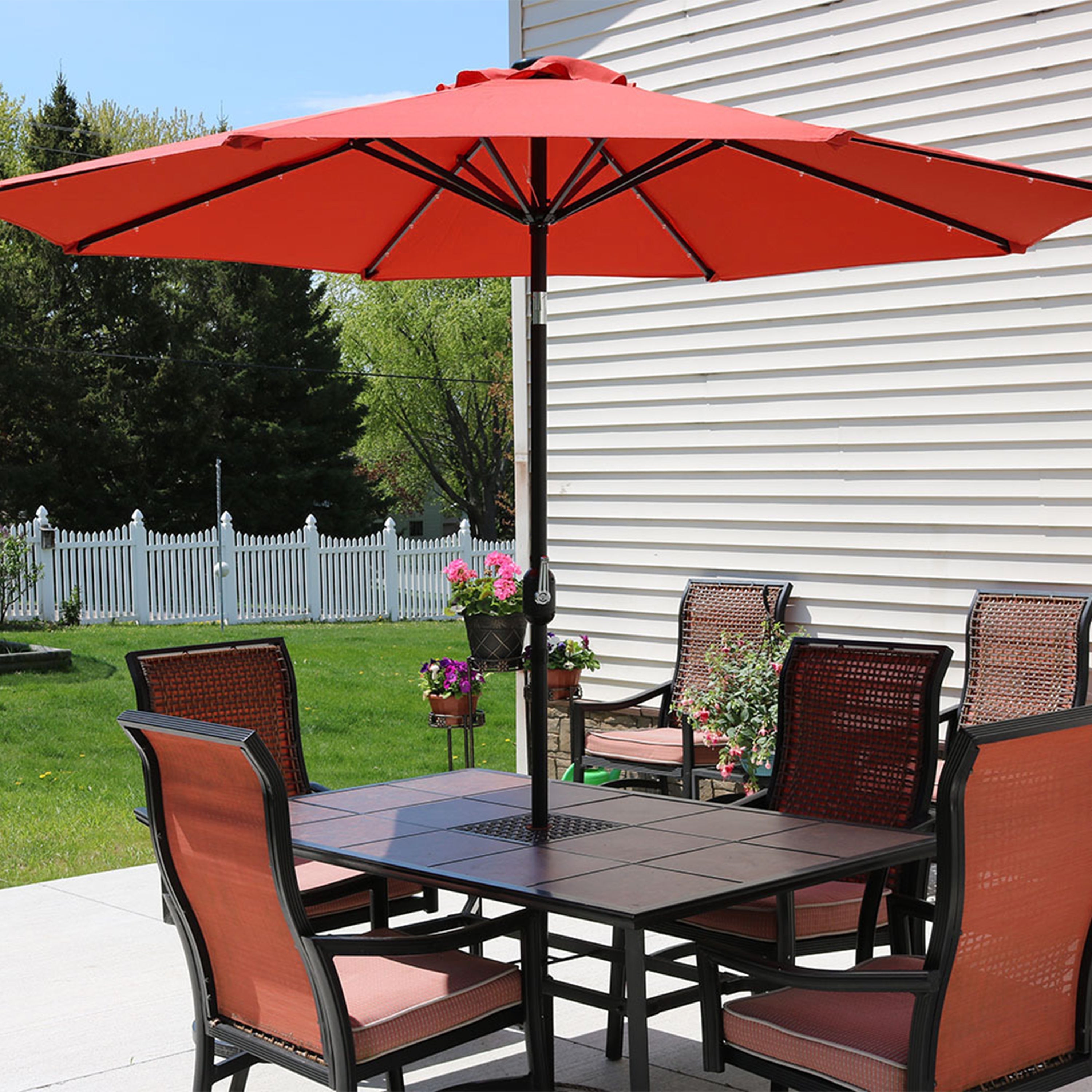  Sunnydaze Decor Solar Patio Umbrella with Canopy, LED Lights and Tilt and Crank - 9' - Beige - Bonton