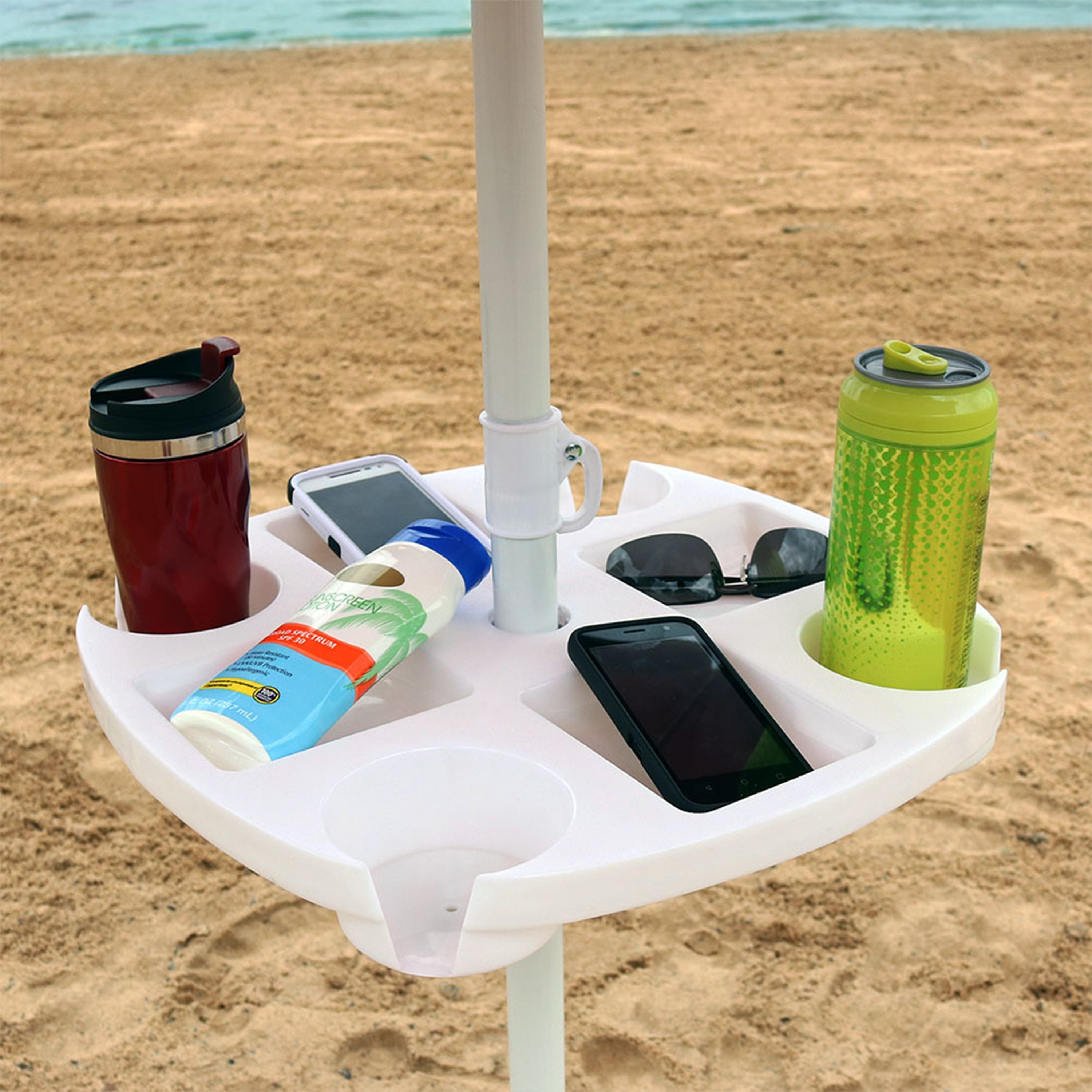  Sunnydaze Decor Drink and Snack Table with Tray Slots and 4 Cup Holders for Beach Umbrella Poles - White - White - Bonton